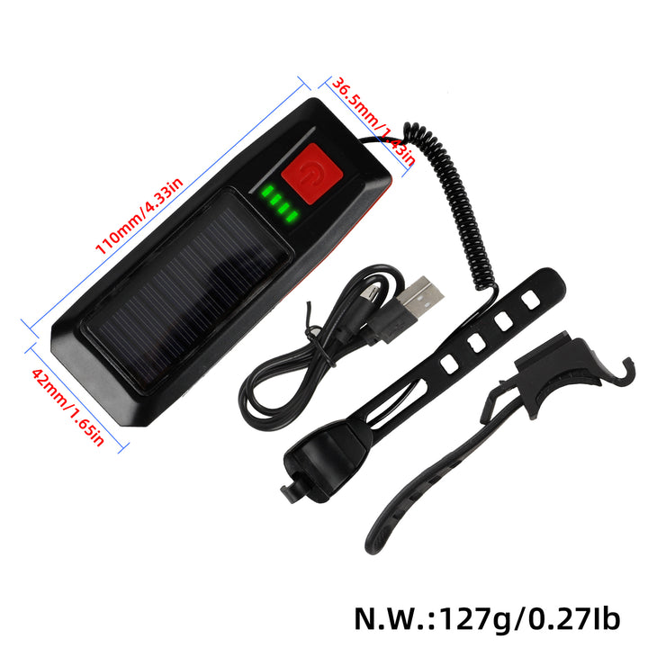 Red Solar con USB, Doppia Modalità di Ricarica, Durata Efficiente della Batteria, Luce Solare per Bici, USB Ricaricabile, Display di Potenza, MTB, Mountain Bike, Lampada Anteriore con Clacson, Torcia, Luce Anteriore per Bici