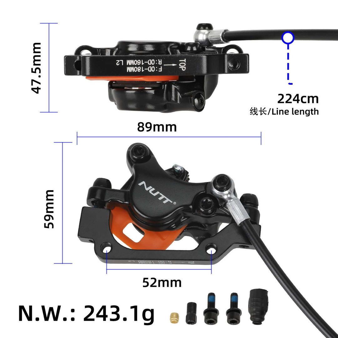 Kit freno idraulico posteriore destro NUTT con cavo freno da 180 cm e tubi olio da 220 mm, freno a disco idraulico per scooter elettrico a 2 pistoncini, kit freno a pressione olio per scooter elettrico con spegnimento a 2 PIN