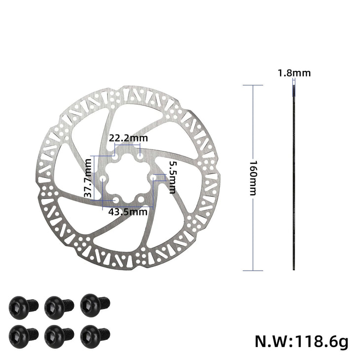 Rotore freno a disco da 160 mm a 6 fori con 6 viti di montaggio per E-bike OUXI V8 Componenti disco freno in acciaio inossidabile per biciclette da montagna e da strada