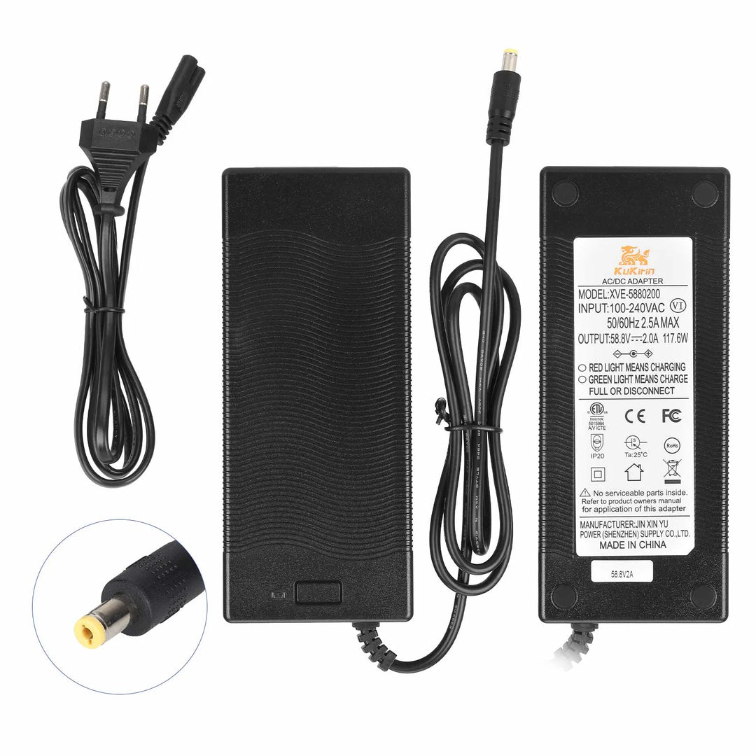 Caricabatterie originale da 58,8V2A con testa DC2.1 standard europeo per monopattino elettrico Kukirin G3, caricabatterie originale, ingresso 100-240V, uscita 52V 58,8V 2,0A, parti di ricambio per caricabatterie al litio