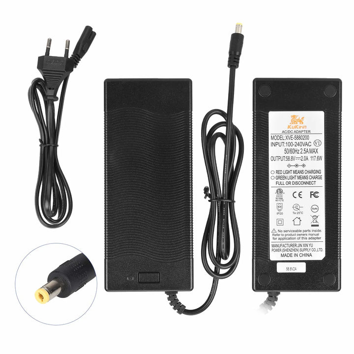 Caricabatterie originale da 58,8V2A con testa DC2.1 standard europeo per monopattino elettrico Kukirin G3, caricabatterie originale, ingresso 100-240V, uscita 52V 58,8V 2,0A, parti di ricambio per caricabatterie al litio