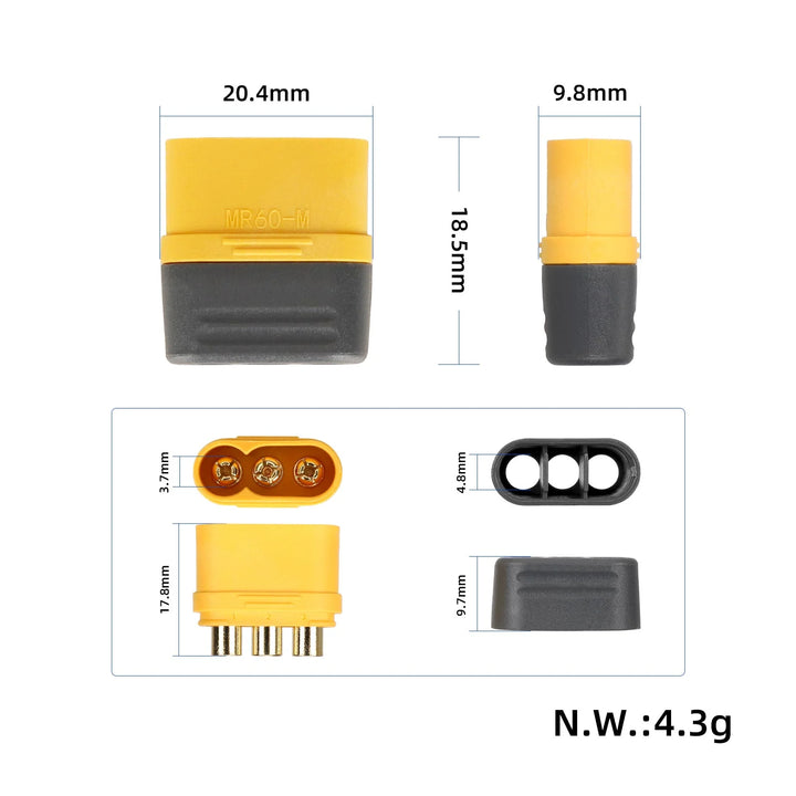 Amass MR60 Male Model Aircraft Plug 3Pin MR60 Male Model Aircraft Power Battery ESC 30A High Current Connector Cable