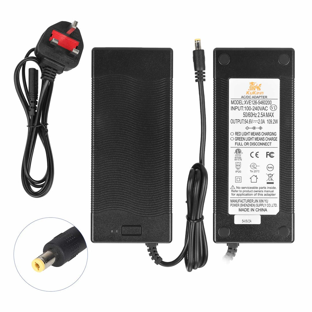 Caricabatterie originale da 54,6V 2A con testa DC2.1 standard europeo per scooter elettrico Kukirin G2 Caricabatterie originale Ingresso 100-240V Uscita 48V 54,6V 2,0A Ricambi caricabatterie per batteria al litio