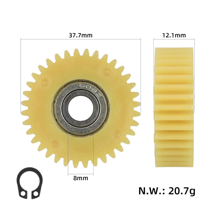 Ingranaggio in nylon giallo 36T con cuscinetto 608 da 38 mm di diametro per motore GT 250W Motore veicolo elettrico Ingranaggio in nylon a 36 denti Veicolo pieghevole Batteria veicolo Servizio di guida veicolo Batteria al litio Veicolo Skateboard