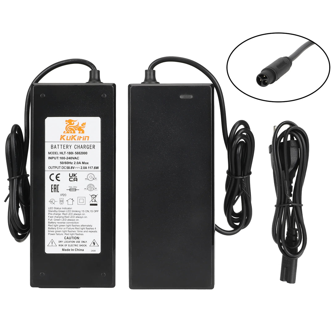 Caricabatterie originale Kukirin G2 Master 58.8V 2A con testa CQ a 3 fori per scooter Kukirin G3 Pro. Alimentatore da 58.8V 2A con spina europea a tre fori.