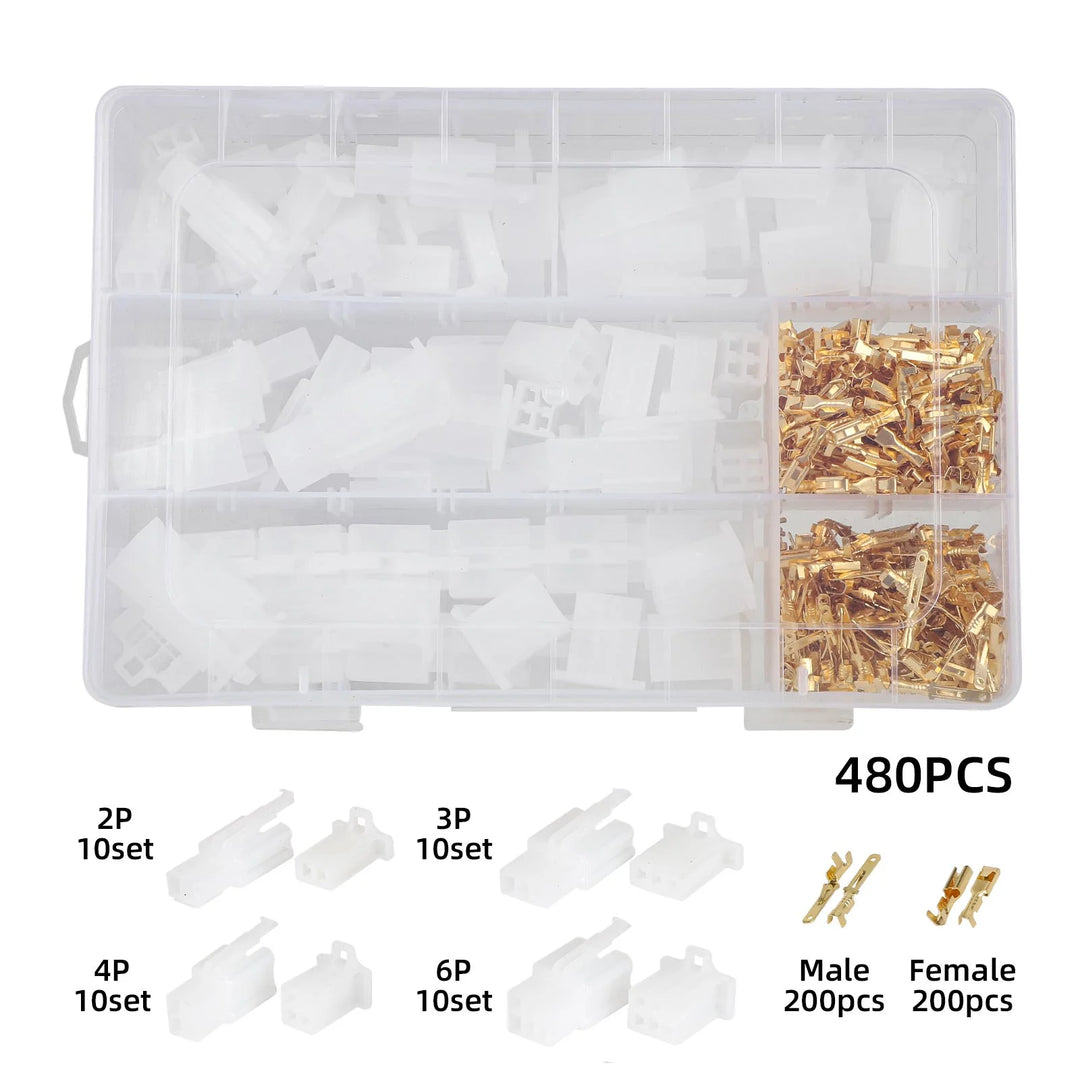 480 Pezzi Kit Assortito di Connettori Elettrici 2.8mm Maschio Femmina a 2 3 4 6 Pin, Morsetti a Spina da 2.8 per Auto, Moto, Bici, E-bike, Scooter, Ganci Terminali per Cavi Maschio e Femmina