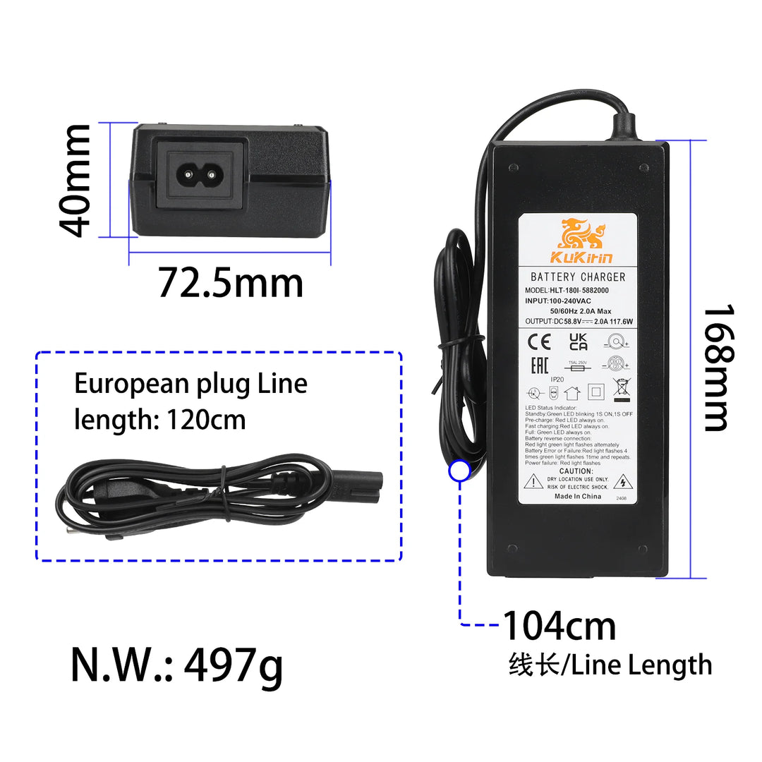 Caricabatterie originale Kukirin G2 Master 58.8V 2A con testa CQ a 3 fori per scooter Kukirin G3 Pro. Alimentatore da 58.8V 2A con spina europea a tre fori.