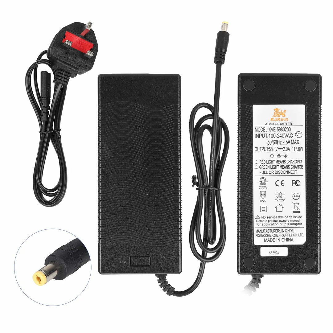 Caricabatterie originale da 58,8V2A con testa DC2.1 standard europeo per monopattino elettrico Kukirin G3, caricabatterie originale, ingresso 100-240V, uscita 52V 58,8V 2,0A, parti di ricambio per caricabatterie al litio