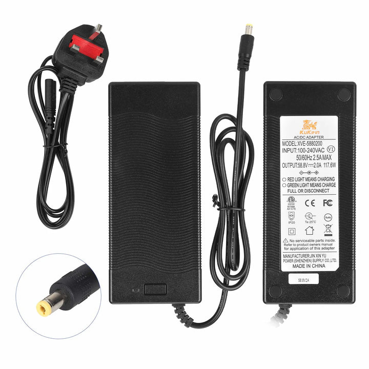 Caricabatterie originale da 58,8V2A con testa DC2.1 standard europeo per monopattino elettrico Kukirin G3, caricabatterie originale, ingresso 100-240V, uscita 52V 58,8V 2,0A, parti di ricambio per caricabatterie al litio