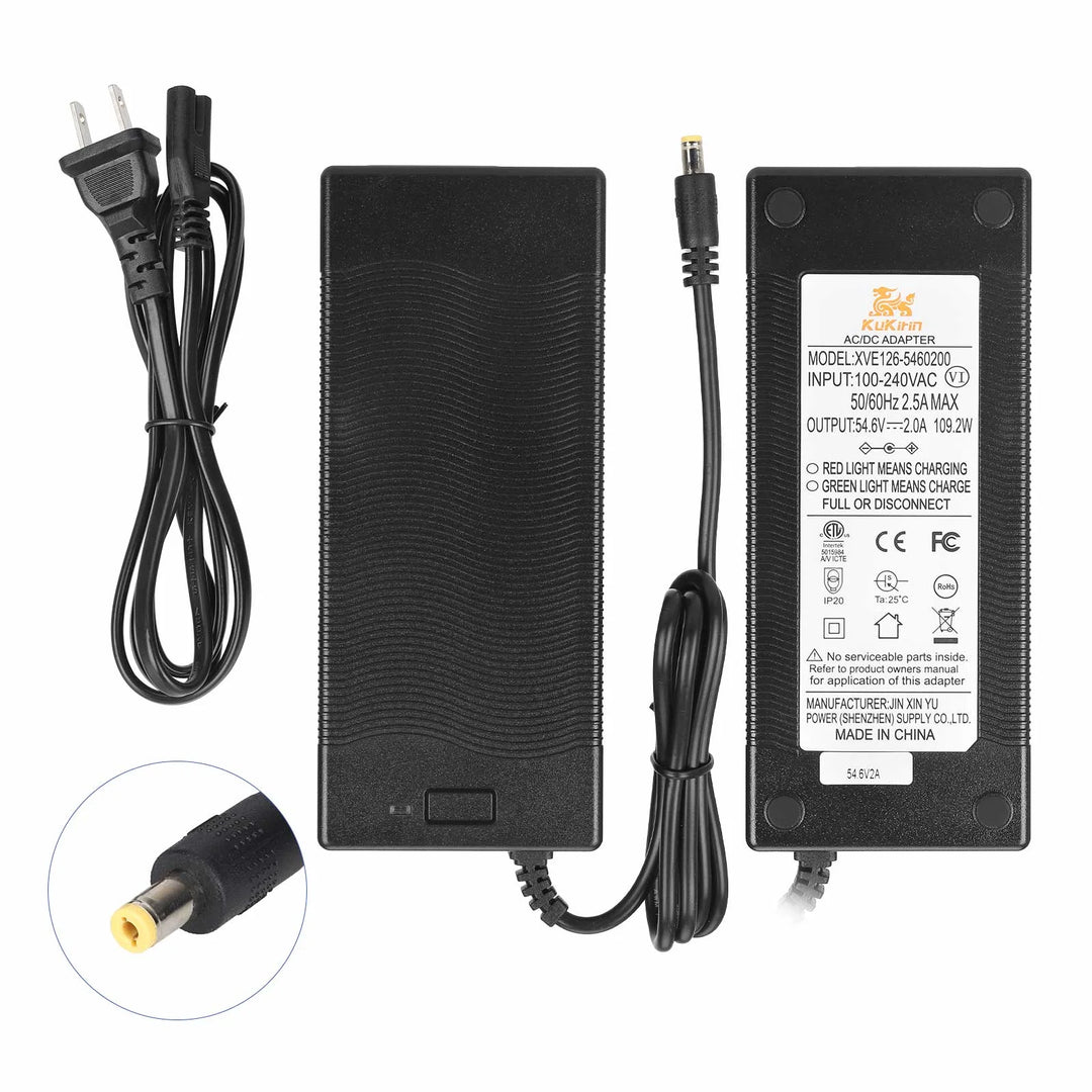 Caricabatterie originale da 54,6V 2A con testa DC2.1 standard europeo per scooter elettrico Kukirin G2 Caricabatterie originale Ingresso 100-240V Uscita 48V 54,6V 2,0A Ricambi caricabatterie per batteria al litio