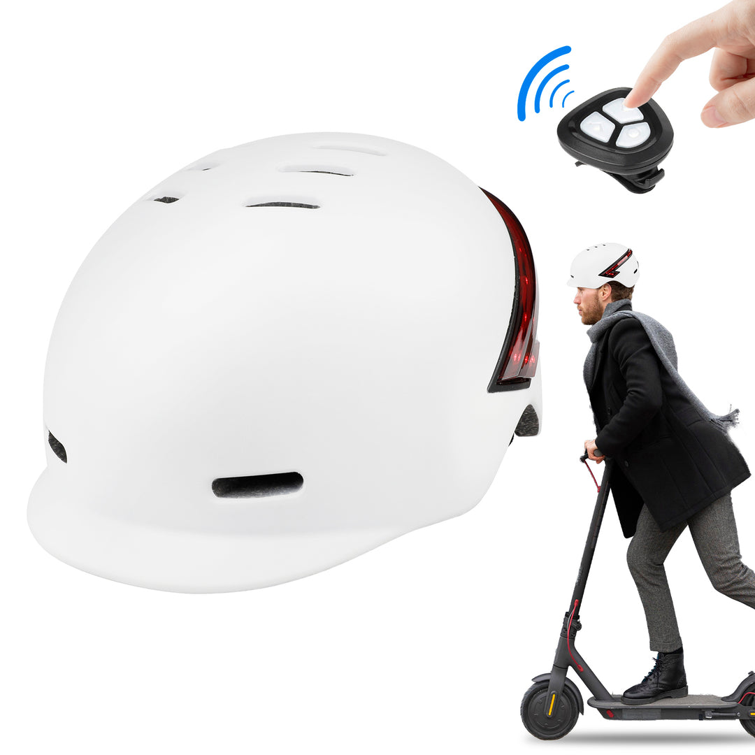 White Helmet with Remote Steering Indicator LED Warning Tail Light Lightweight Rechargeable Bike Rear Tail Lamp Wireless Remote Control for Motorcycle Bicycle Safety Helmet