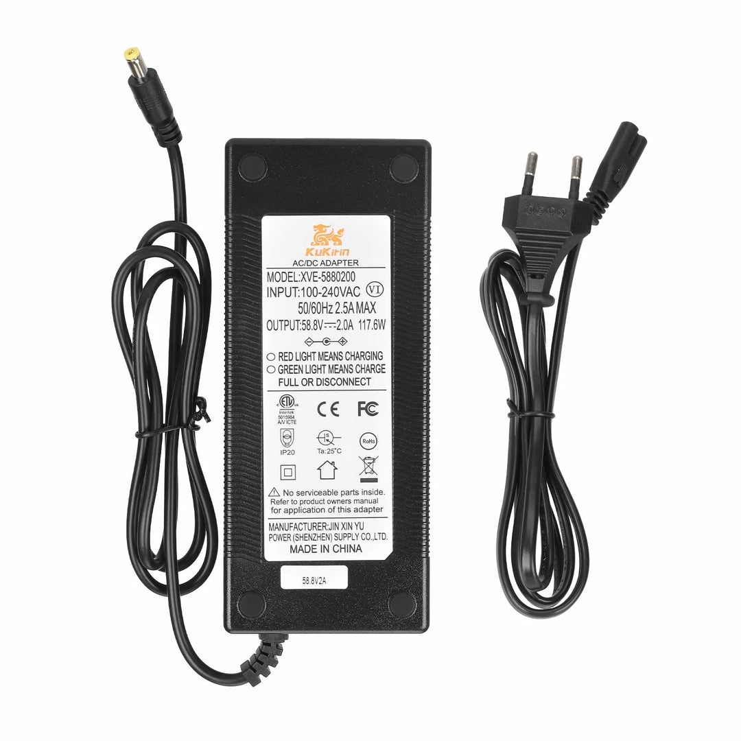 Caricabatterie originale da 58,8V2A con testa DC2.1 standard europeo per monopattino elettrico Kukirin G3, caricabatterie originale, ingresso 100-240V, uscita 52V 58,8V 2,0A, parti di ricambio per caricabatterie al litio