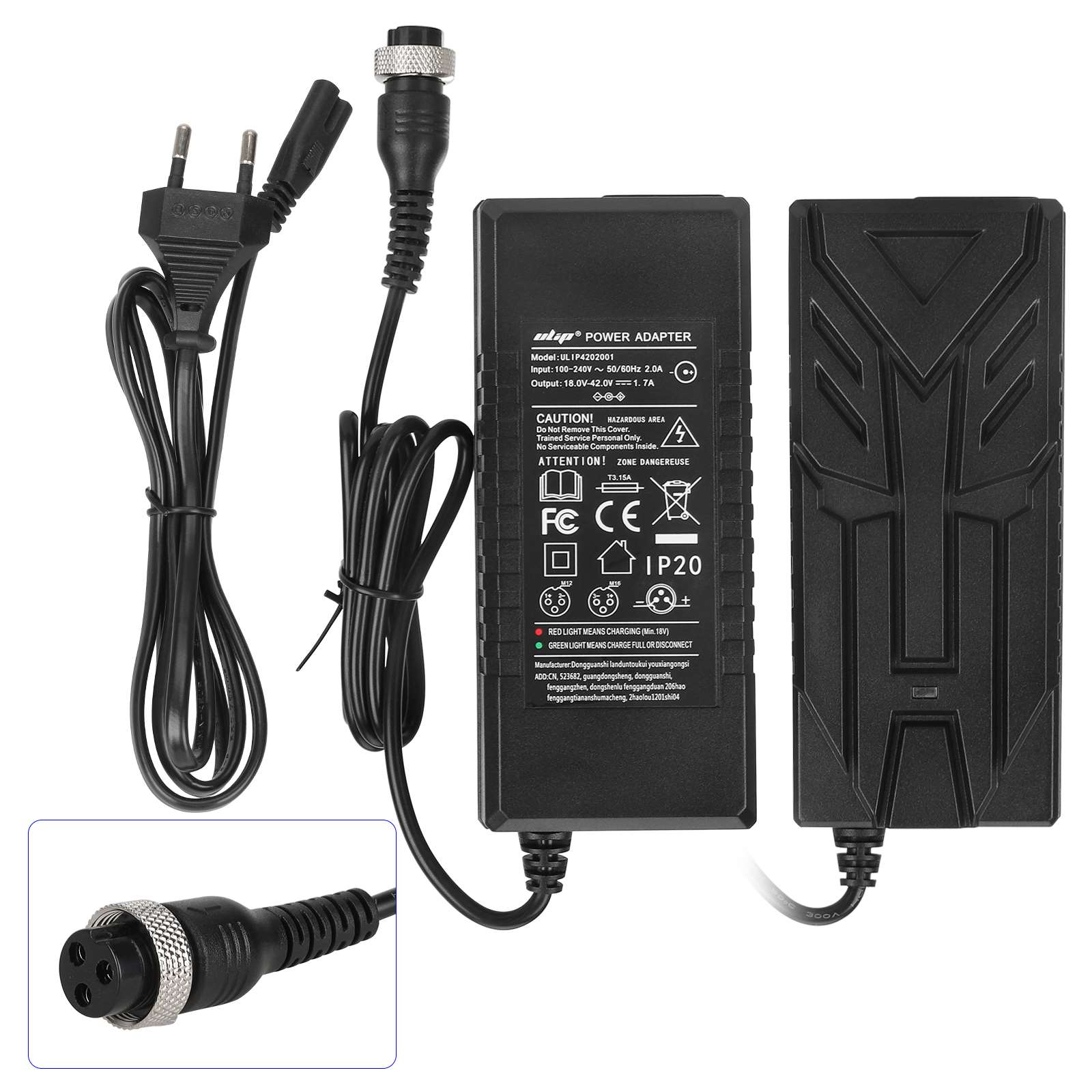 Ulip 18V~42V 1.7A CE FCC certified charger with M16 3 holes head(EU plug)