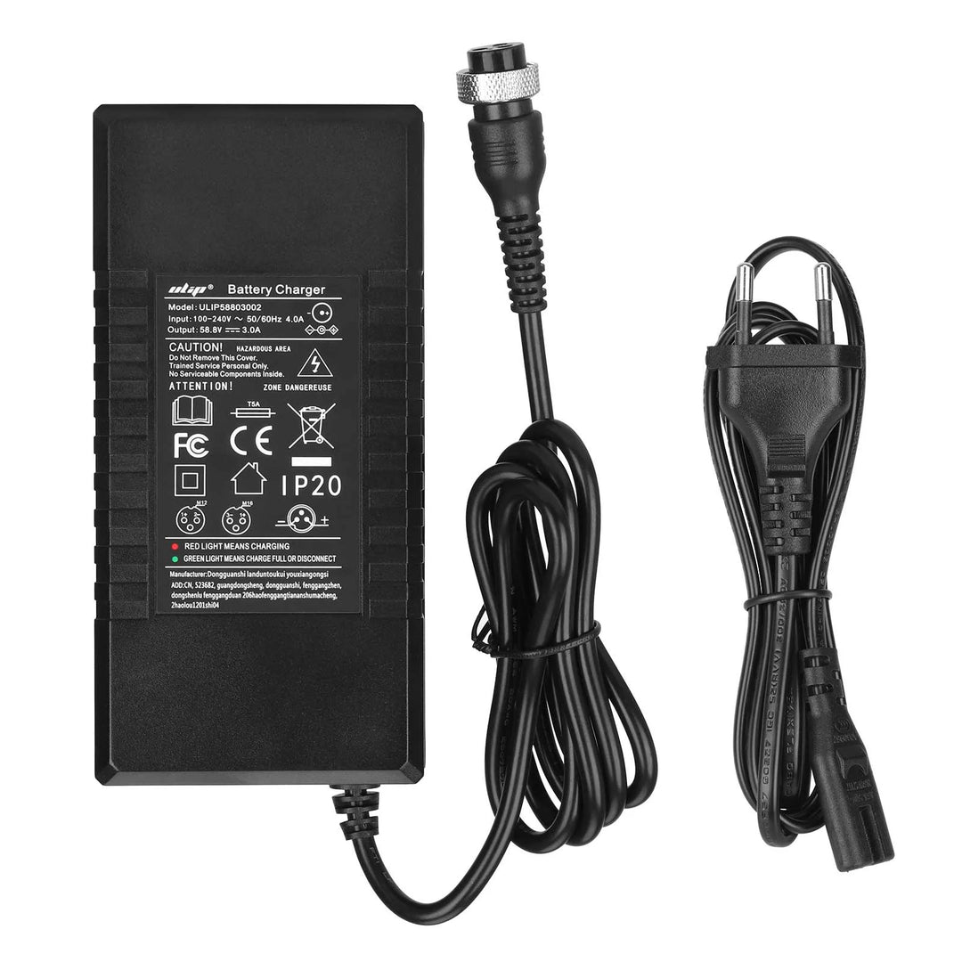 Ulip 42V~58.8V 3A GX16 Head Over Certified Charger EU Plug with CE And FCC Certification for 48V To 58.8C And 52C To 58.8C Chargers Li-ion Battery Pack Charger Power Adapte Input 100-240V 48V 13S Lithium Skateboard Balance Vehicle Battery with Fan