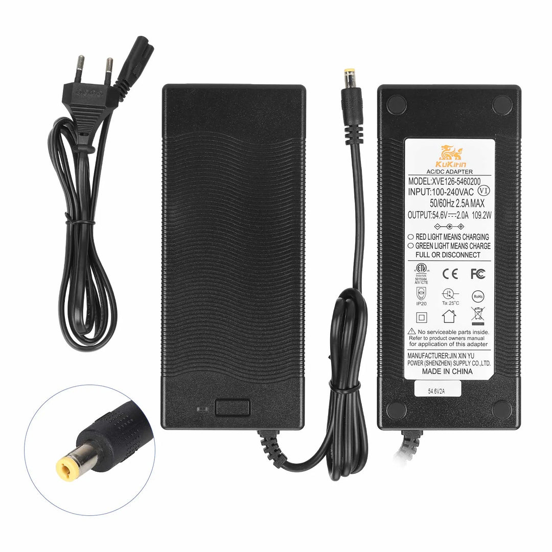 Caricabatterie originale da 54,6V 2A con testa DC2.1 standard europeo per scooter elettrico Kukirin G2 Caricabatterie originale Ingresso 100-240V Uscita 48V 54,6V 2,0A Ricambi caricabatterie per batteria al litio