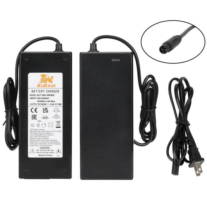 Caricabatterie originale Kukirin G2 Master 58.8V 2A con testa CQ a 3 fori per scooter Kukirin G3 Pro. Alimentatore da 58.8V 2A con spina europea a tre fori.