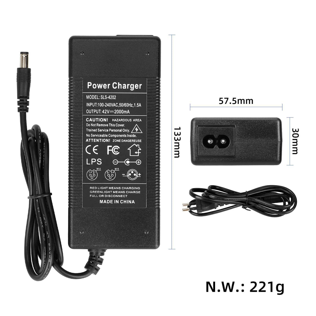Caricabatterie da 36V a 42V 2A DC2.1 con 6 Cavi Adattatori Spina EU Veicolo Elettrico Scooter Elettrico Caricabatterie con Testa DC Caricabatterie per Batteria al Litio 36V 42V Cavo di Alimentazione a Testa Rotonda Accessori