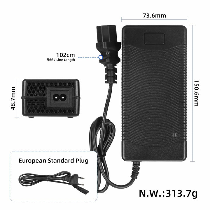 Caricabatterie da 48V a 54.6V2A con testa a spillo con spina EU Caricabatterie per batteria al litio con connettore a spillo e ventola per pacco batteria