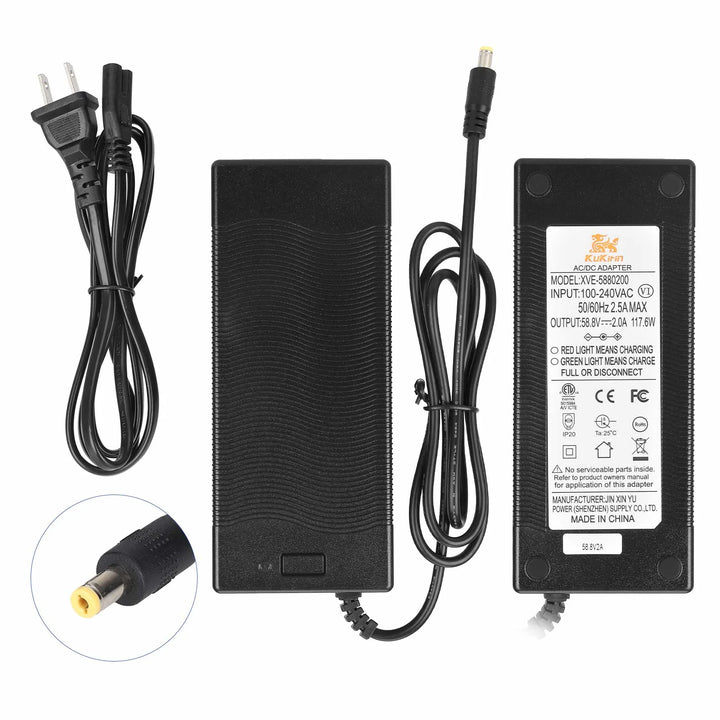 Caricabatterie originale da 58,8V2A con testa DC2.1 standard europeo per monopattino elettrico Kukirin G3, caricabatterie originale, ingresso 100-240V, uscita 52V 58,8V 2,0A, parti di ricambio per caricabatterie al litio