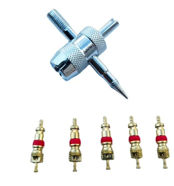 5 Valve Cores + Removal Tools Tire Valve Wrench Set Car Tire Valve Core Wrench Set 4 in 1 Valve Repair and Installation Wrench Puller Removal Tool Key Electric Vehicle Bicycle Motorcycle Repair Tool