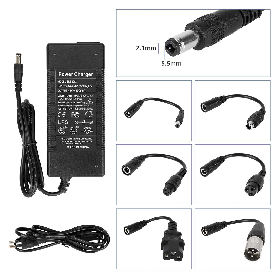 Caricabatterie da 36V a 42V 2A DC2.1 con 6 Cavi Adattatori Spina EU Veicolo Elettrico Scooter Elettrico Caricabatterie con Testa DC Caricabatterie per Batteria al Litio 36V 42V Cavo di Alimentazione a Testa Rotonda Accessori