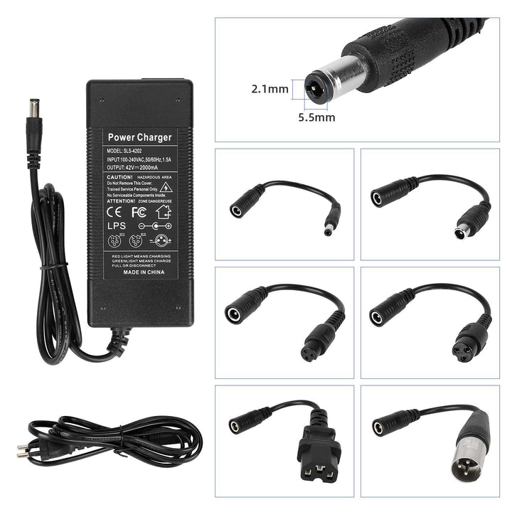 Caricabatterie da 36V a 42V 2A DC2.1 con 6 Cavi Adattatori Spina EU Veicolo Elettrico Scooter Elettrico Caricabatterie con Testa DC Caricabatterie per Batteria al Litio 36V 42V Cavo di Alimentazione a Testa Rotonda Accessori