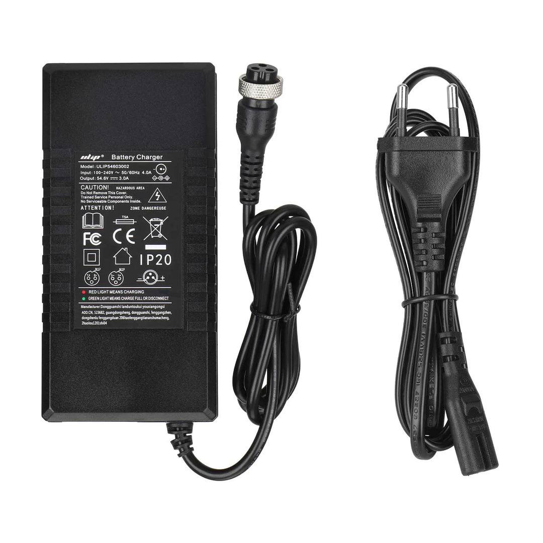Ulip 42V~54.6V 3A CE FCC Certified Charger With GX16 3 Holes Head EU Plug Electric Scooter Battery Charger Replacement Parts Li-ion Battery Pack Charger Power Adapte Input 100-240V 48V 13S Lithium Skateboard Balance Vehicle Battery with Fan
