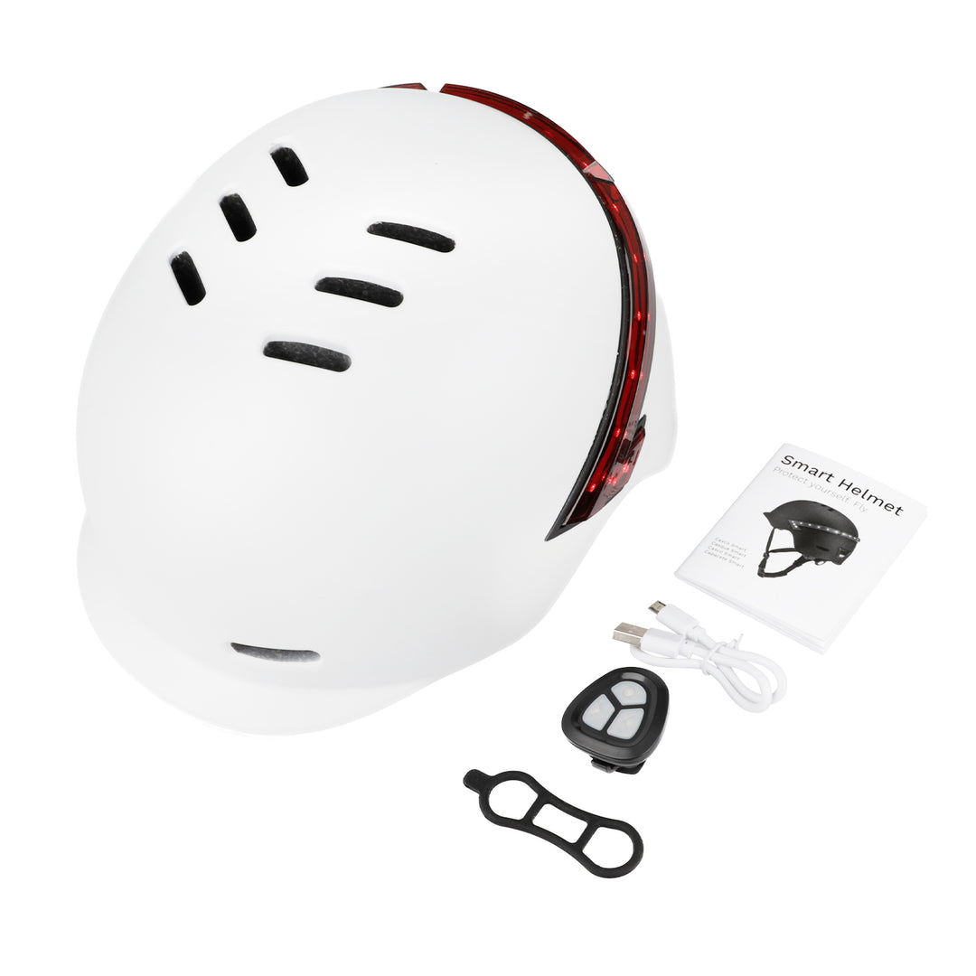 White Helmet with Remote Steering Indicator LED Warning Tail Light Lightweight Rechargeable Bike Rear Tail Lamp Wireless Remote Control for Motorcycle Bicycle Safety Helmet
