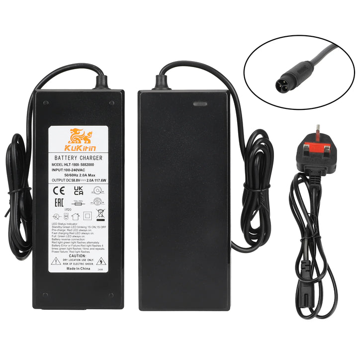 Caricabatterie originale Kukirin G2 Master 58.8V 2A con testa CQ a 3 fori per scooter Kukirin G3 Pro. Alimentatore da 58.8V 2A con spina europea a tre fori.